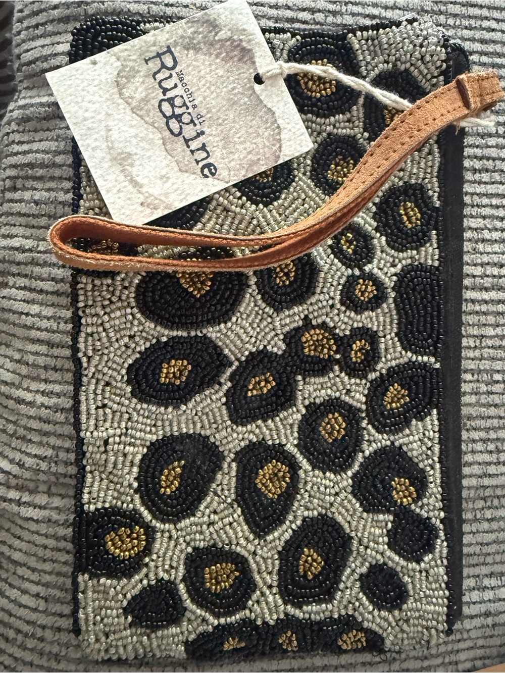 Ruggine Beaded Leopard Print Wristlet Clutch - Black & Cream